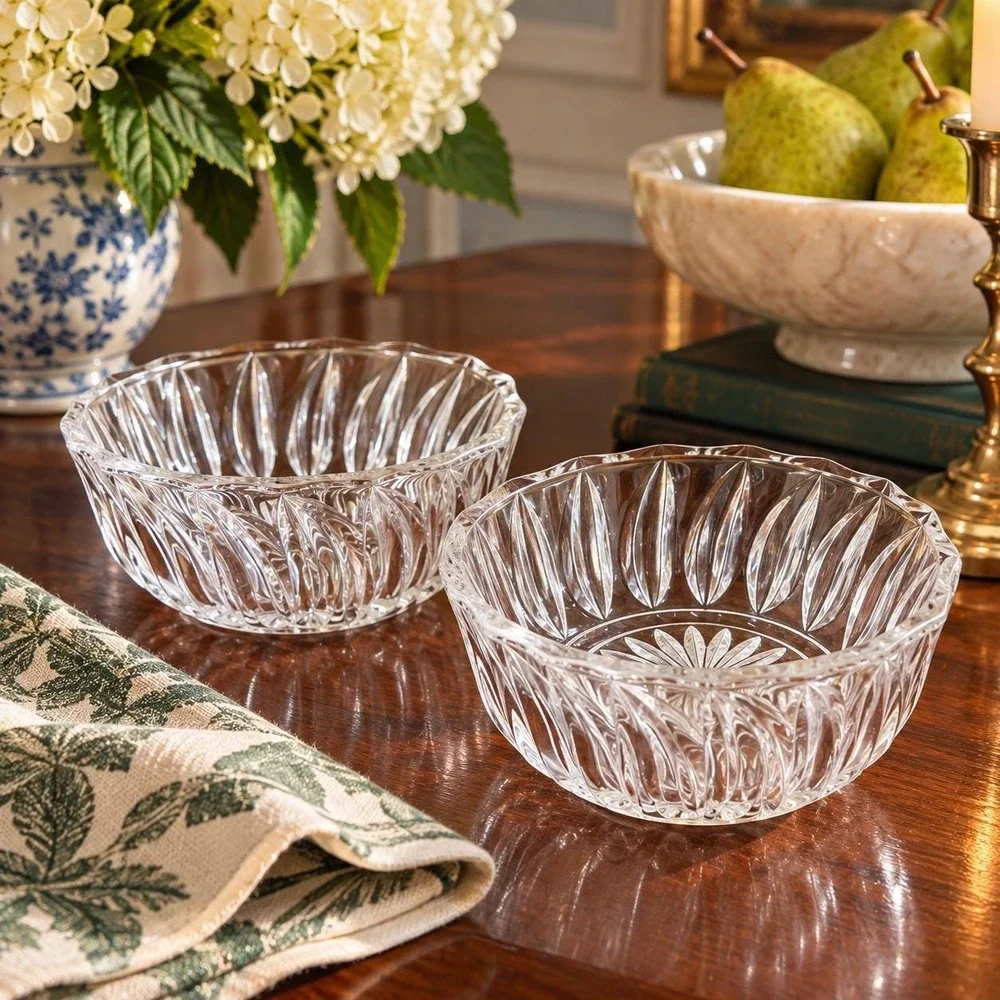 Vintage Clear Glass Berry Bowls Set of 2 Pressed Glass Dessert Bowls Starburst